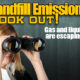 UK Landfill Gas Emissions image - with the text: "Landfill Gas Emissions Look Out" and a woman looking through binoculars.