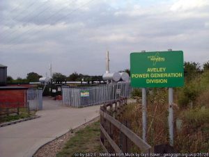Image shows landfill gas power plant at Aveley Landfill, London, UK.