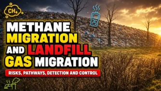 Image with text: Methane migration and landfill gas migration -risks pathways detection and control.