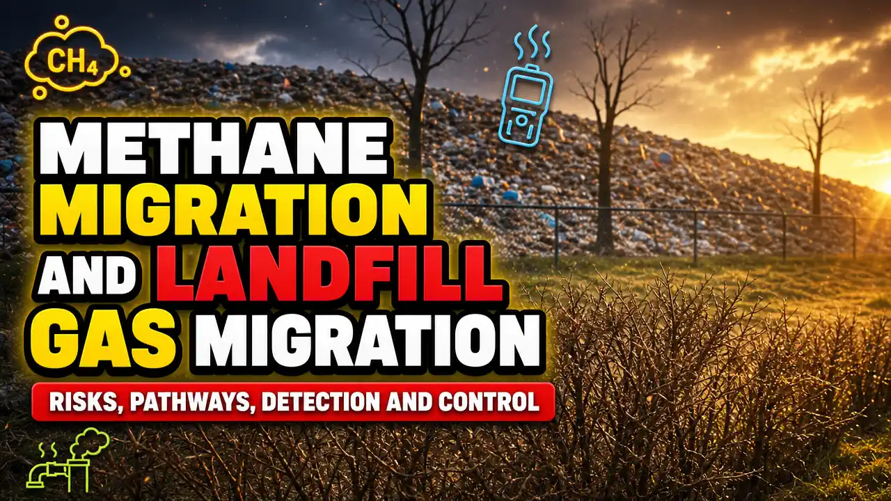 Image with text: Methane migration and landfill gas migration -risks pathways detection and control.