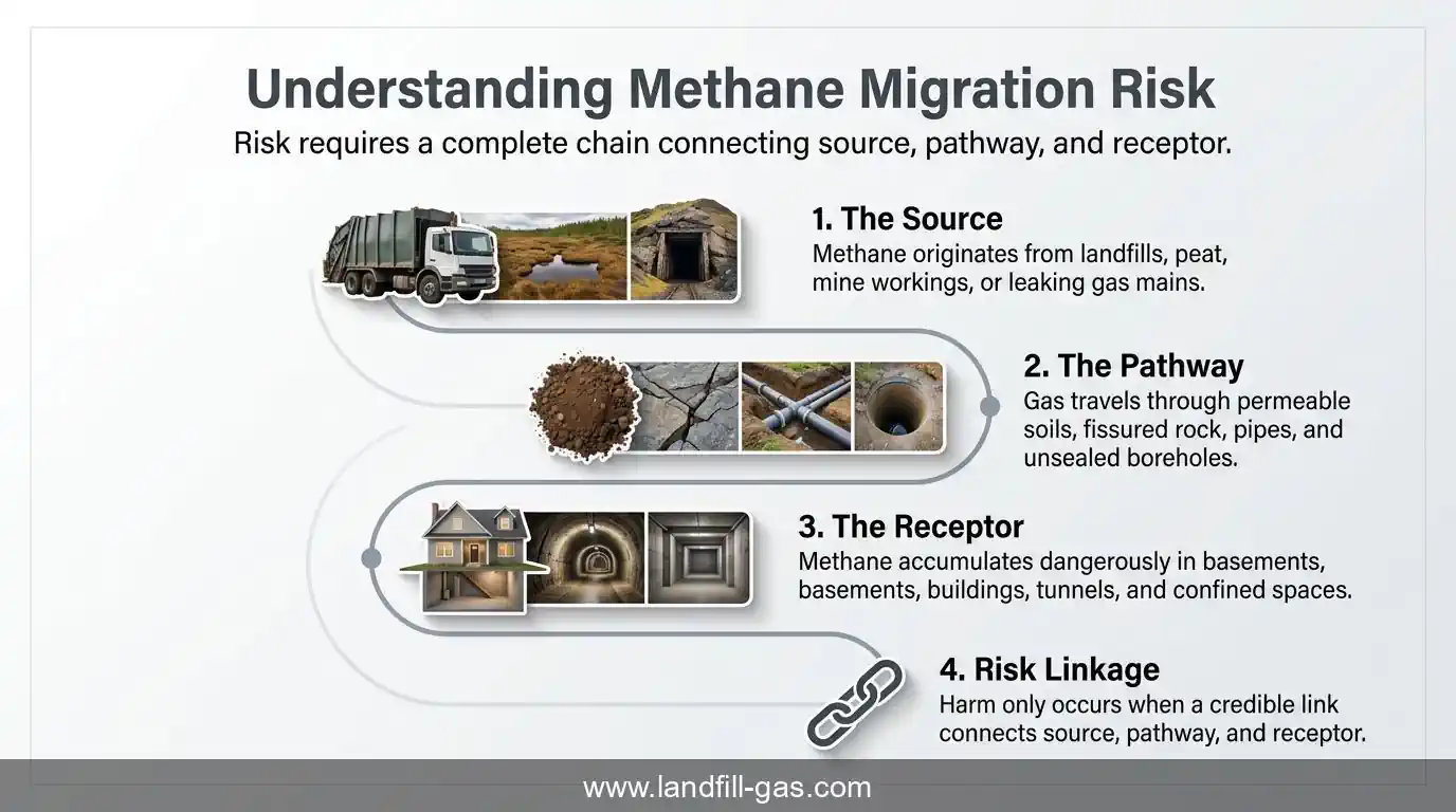 An infographic that shows Methane Migration Pathways and their Dangers.