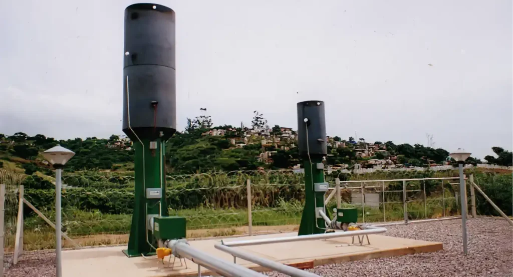 Enclosed flares at south African Landfill that reduce methane emissions.