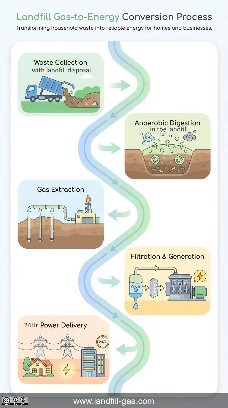 Infographic that explains the THE LANDFILL GAS TO ENERGY CONVERSION-PROCESS, and one method of raising US landfill gas resources. Infographic that explains the THE LANDFILL GAS TO ENERGY CONVERSION-PROCESS, and one method of raising US landfill gas resources.