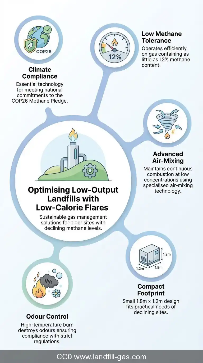 Infographic explains Key Points About Low Calorie Gas Flares for reduced greenhouse gas emissions from Low Biogas Output Landfills.