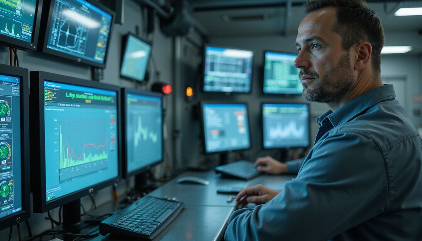 A focused man in a high-tech industrial control room oversees operations. A focused man in a high-tech industrial control room oversees operations.