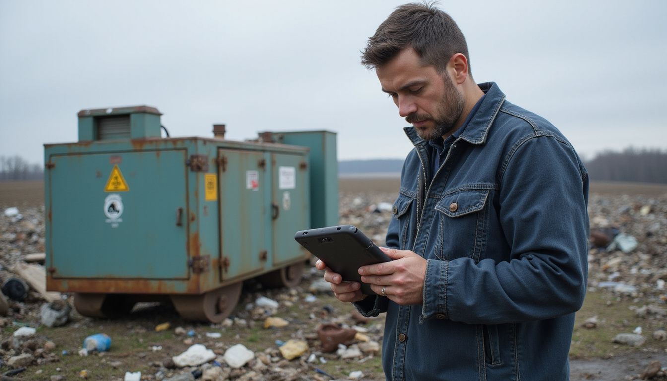 A worker monitors a landfill gas generator in a waste-strewn field. A worker monitors a landfill gas generator in a waste-strewn field.
