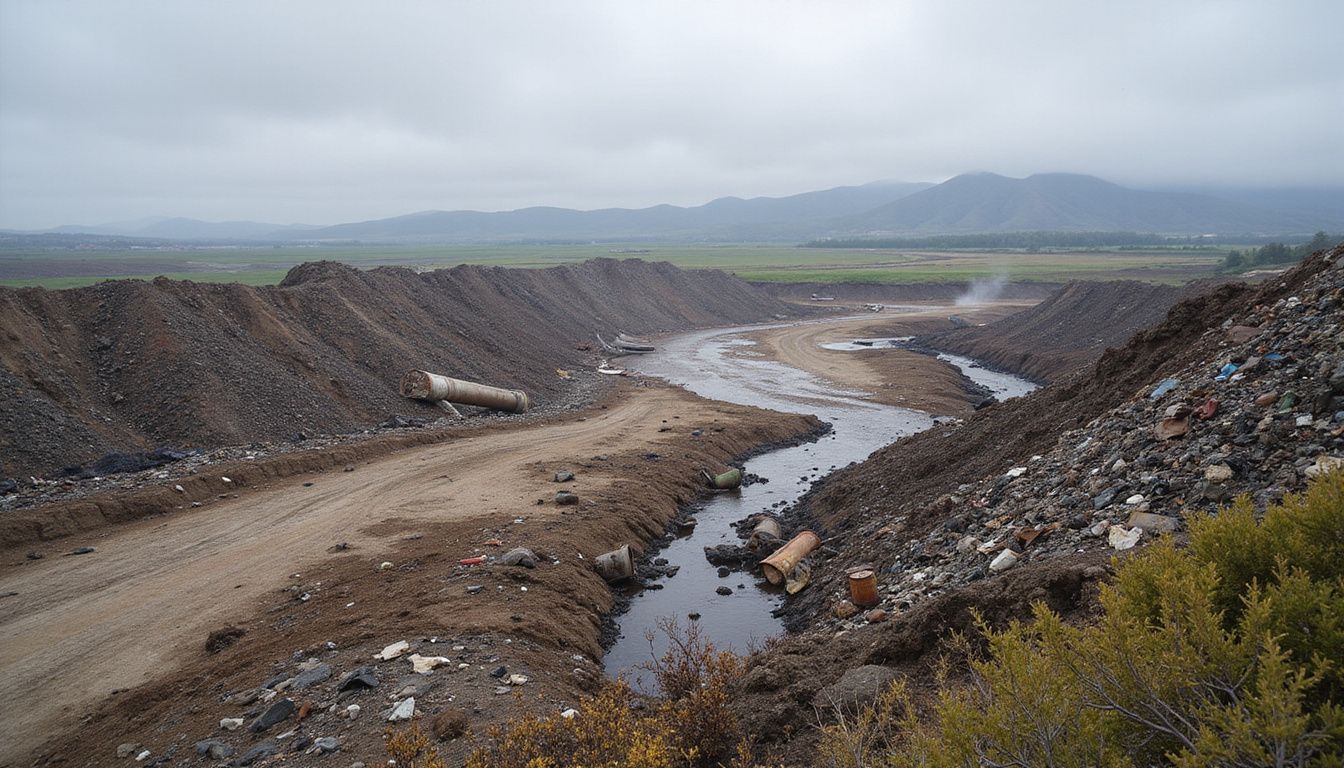 The image depicts a sprawling landfill, showcasing environmental degradation and contaminated land overrun with waste and dying vegetation.
