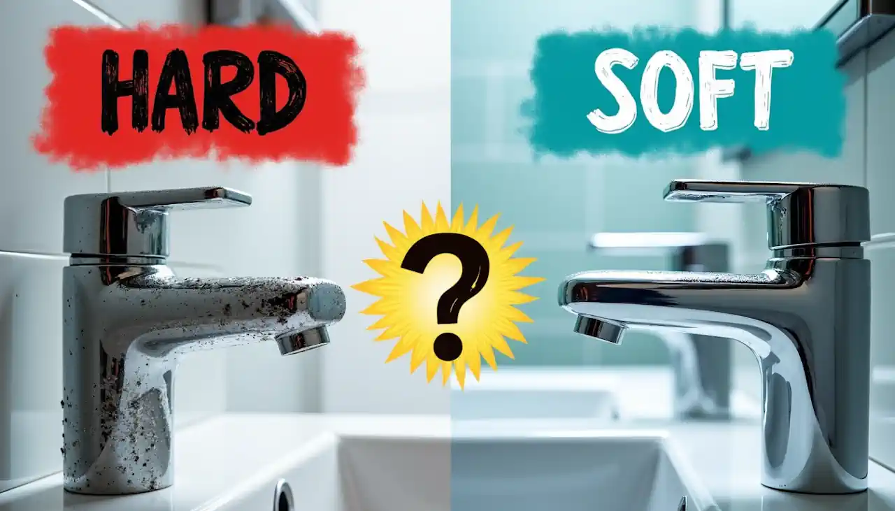 Hard water tap lime scaling vs soft water tap clean sanitary healthy.