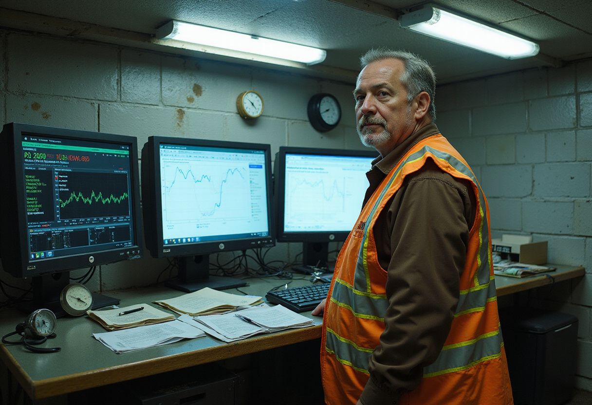 A middle-aged man in a worn safety vest monitors methane emissions at a cluttered industrial workstation with multiple screens.