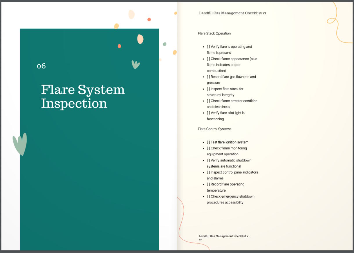 Example flare system inspection checklist page showing operational and control-system checks