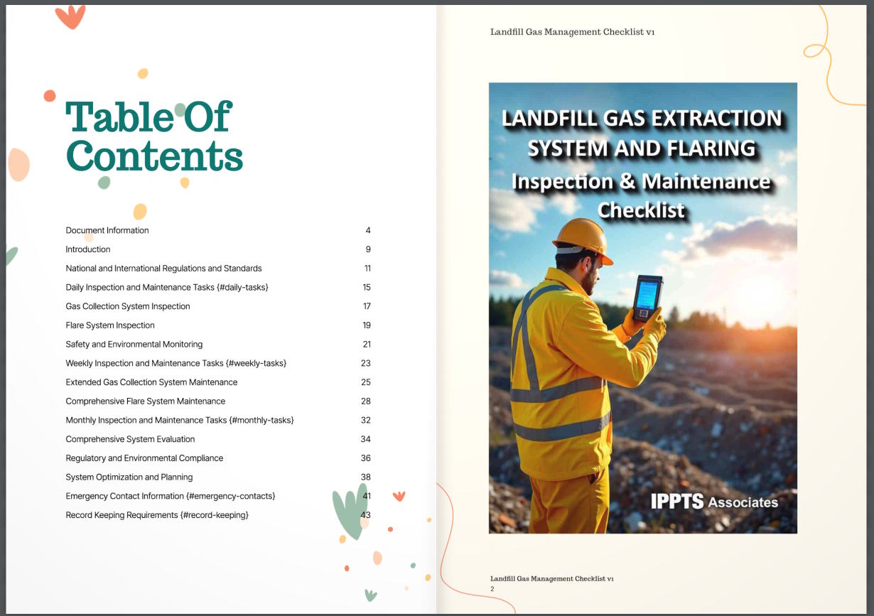 Table of contents showing daily, weekly and monthly landfill gas inspection topics