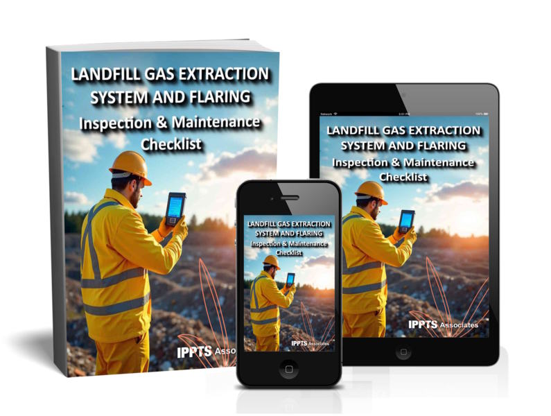 Landfill Gas Extraction System and Flaring Inspection and Maintenance Checklist shown as a book, tablet and phone