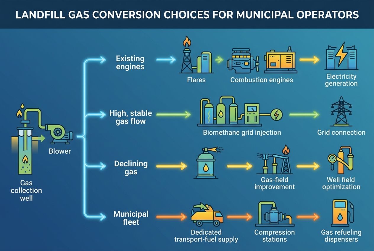 An infographic decision tree guiding municipal operators on landfill gas conversion options. An infographic decision tree guiding municipal operators on landfill gas conversion options.