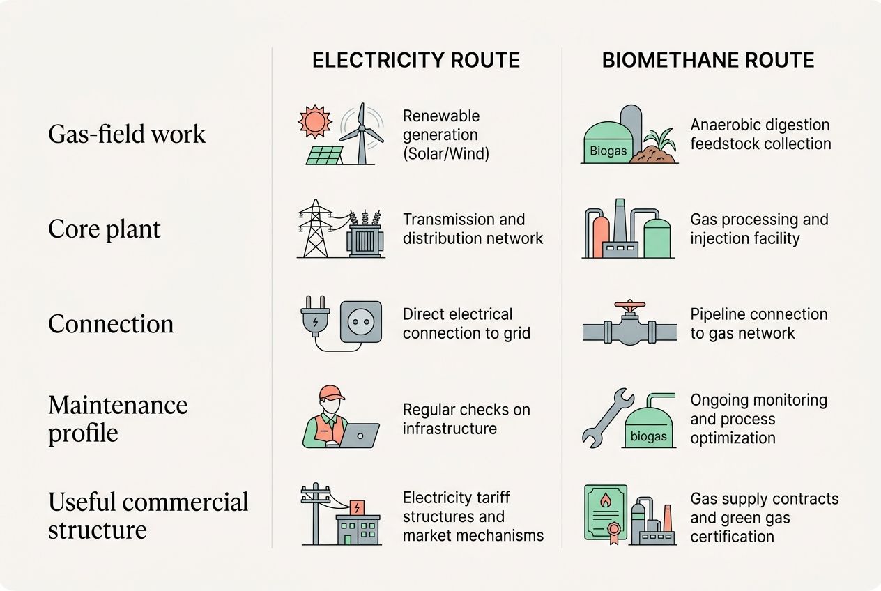 A digital chart comparing infrastructure and maintenance costs for electricity and biomethane routes. A digital chart comparing infrastructure and maintenance costs for electricity and biomethane routes.