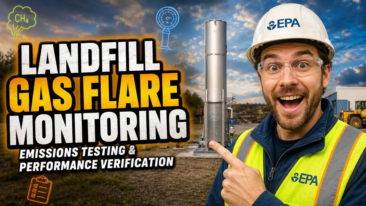Image with text: Landfill Gas Flare Monitoring Emissions Testing Performance Verification.